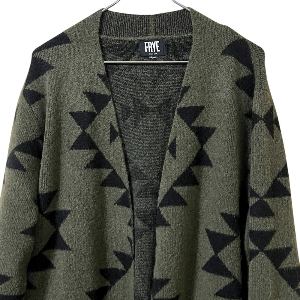 Frye geometric print Aztec green and black open front long line cardigan sweater - Picture 4 of 11
